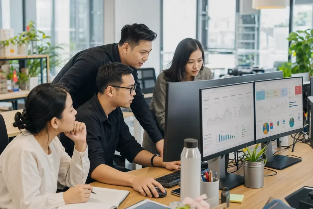 Đội ngũ triển khai theo dõi số liệu trên màn hình dashboard tại văn phòng