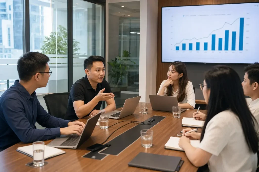 Buổi họp kickoff dự án giữa đội ngũ triển khai và khách hàng trước màn hình biểu đồ tăng trưởng