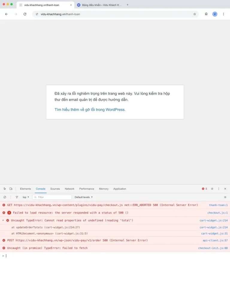Màn hình lỗi nghiêm trọng WordPress trên trang thanh toán kèm console báo lỗi 500