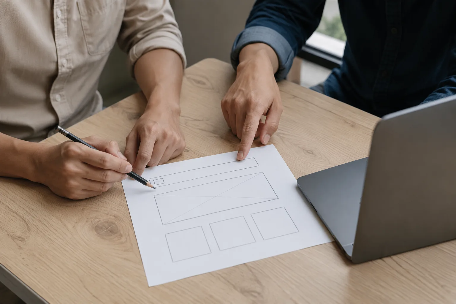 Thiết kế website giá rẻ chuyên nghiệp 7 Hai người trao đổi bố cục website trên bản phác thảo giấy.